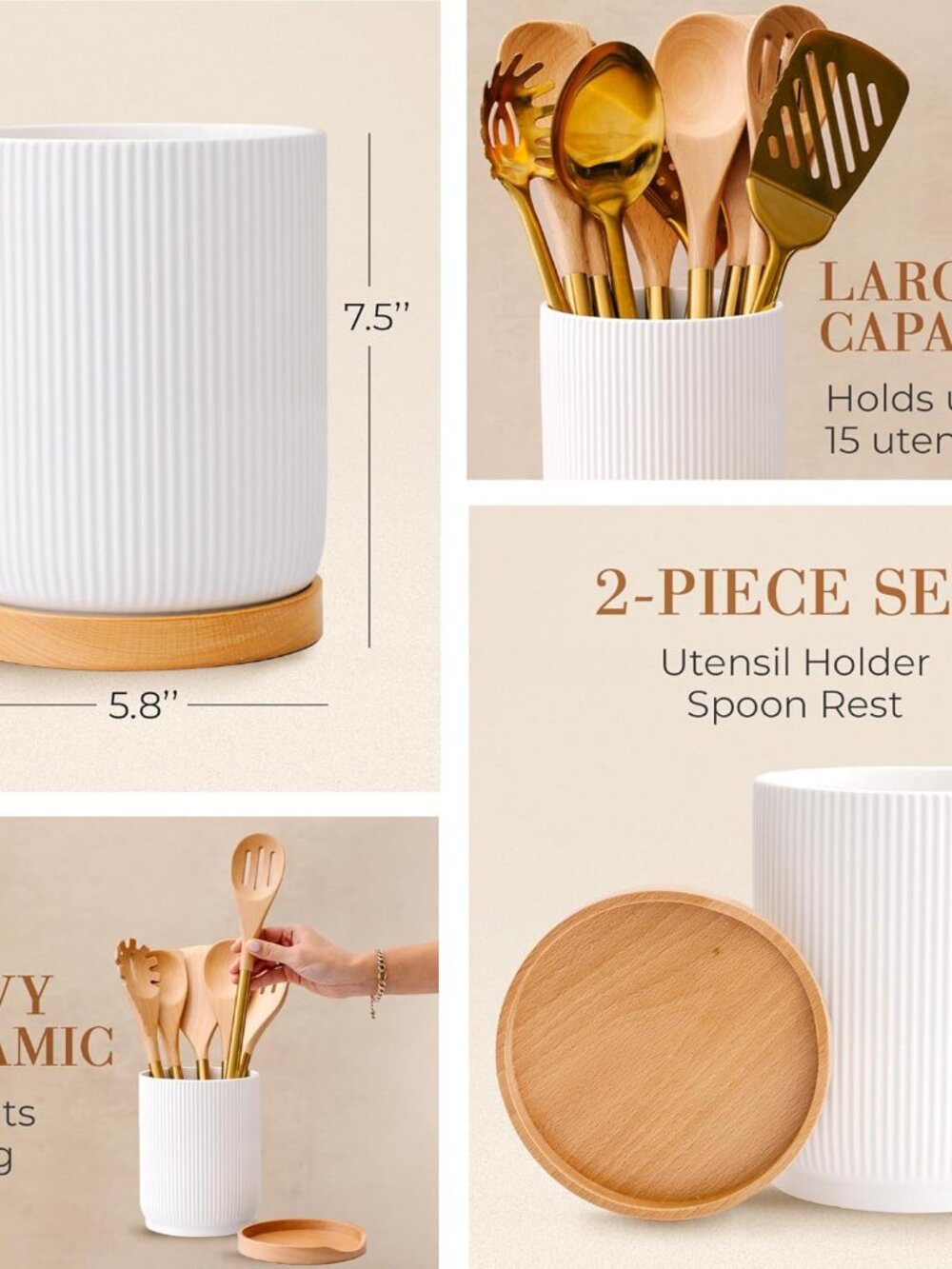 White Ceramic Utensil Holder with Built-In Wooden Spoon Rest –2PC Set for Kitche - Picture 2 of 8